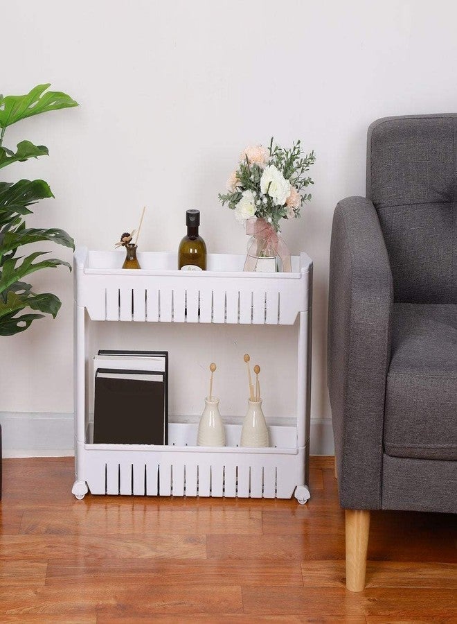 Orrda Plastic 2 Tier Space Saving Storage Organizer Slim Rack Shelf with Wheels || Slim Slide Out Kitchen Trolley Rack Holder Storage Organizer for Kitchen, Bathroom (White) - Image 3